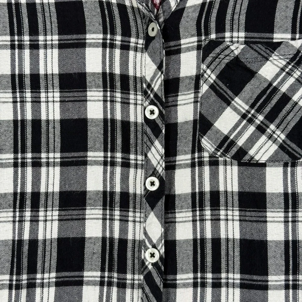 Justice Button Down Girls 14 Black White Plaid Pink Embroidered Flannel Shirt